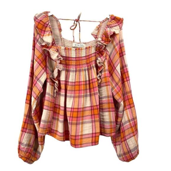 Free People Siena Plaid Pullover Blouse top‎ Size L boho - Picture 3 of 9
